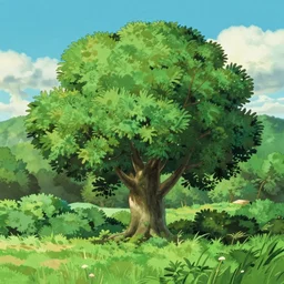 a landscape of a single tree with bushes nearby, studio ghibli, castle in the sky, animated, anime, illustrated, vibrant, bypeter chung, 2 0 0 mm telephoto, background on artstation