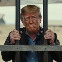 donald trump behind bars in the style of an old western film, sad face, pouting
