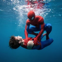spiderman saving a drowning person, underwater