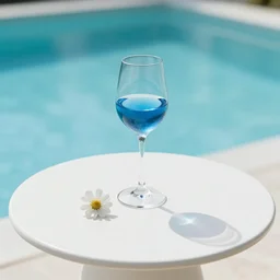 5 5 mm photo of glass of blue wine with flower on a zen minimalist round white table with gorgeous pool in the background. highly detailed 8 k. intricate. lifelike. soft light,