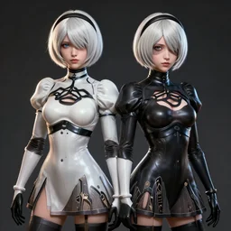 full shot league of legends portrait of 2 b nier automata wearing a latex suit, au naturel, hyper detailed, digital art, trending in artstation, cinematic lighting, studio quality, smooth render, unreal engine 5 rendered, octane rendered, art style by klimt and nixeu and ian sprigger and wlop and krenz cushart.