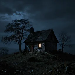 A dark shadowy cottage on a hilltop at night, by Bastien LeCouffe-Deharme, hyperrealistic, Cryengine 8k UHD