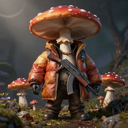magic mushroom wearing large puffer jacket and ak 4 7, nendroid, butcher billy style