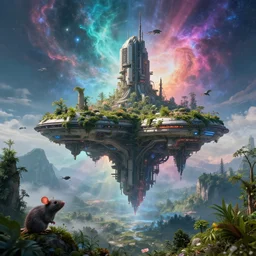 the floating city, sci - fi, overgrown nature, beautiful landscape, mystical, magical, post - apocalyptic, futuristic flying city, 8 k, super - resolution, intricate details, super details, detailed and intricate, nebula light rays, god rats, cinematic, beautiful lighting, triadic colors, octane render,