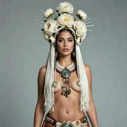 medium body shot portrait of ana de armas as a female mythical magical aztec warrior wearing a crown of long white cables and peony flowers as a cyberpunk cyborg goddess, standing over a plain modern background, realistic and detailed, by aaron de leon, sandro boticelli, studio ghibli and alphonse mucha, hdr 8 k