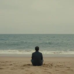 a man sitting on a beach next to the ocean, a matte painting by wu wei, shutterstock contest winner, neo - romanticism, muted, sense of awe, cinematic view