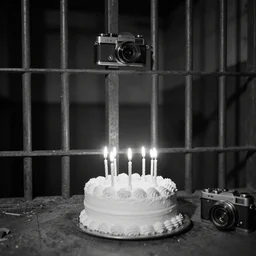Birthday white cake with burning candles in a empty abandoned pitch black jail cell - vintage grayscale camera, film grain, compressed jpeg