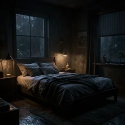 mass effect bedroom at night, rainy atmosphere, dramatic, cinematic, artstation, realistic photograph, ambient, dark shades of colors, unreal engine 5, rendered by octane