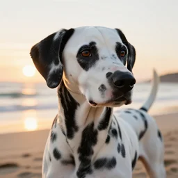 a closeup photorealistic photograph of a dalmatian at the beach during sunset. bright scene. fine detail. this 4 k hd image is trending on artstation, featured on behance, well - rendered, extra crisp, features intricate detail, epic composition and the style of unreal engine.