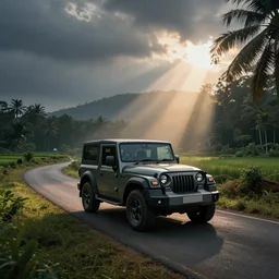 kerala village countryside, beautiful dynamic lighting, mahindra thar on the road, cinematic, wide angle establishing shot, extremely high detail, photo realistic, cinematic lighting, post processed, concept art, artstation, matte painting, style by eddie mendoza, raphael lacoste, alex ross, volumetric lighting, light rays, photorealistic, ultrarealistic, moody, coronarender, 8k