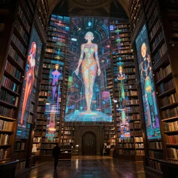 interior ancient mystical library, infinite holographic projections, highly detailed, cinematic, synthwave, vladimir kush, chris foss, roger dean, philippe druillet, michael whelan, lisa frank, bob eggleton, alfred kelsner, kubrick
