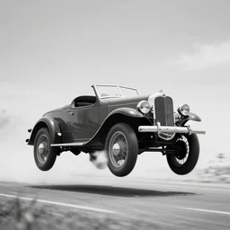 old vintage car flyghing, photograph in black and white