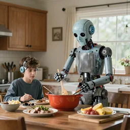 Robot mom cooking Sunday dinner for teenage goth robots