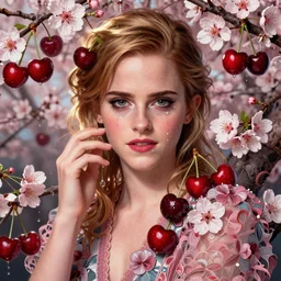 the portrait of the absurdly beautiful, graceful, elegant, gorgeous, fashionable photorealistic emma watson made of cherries and cherry blossoms with copious tears, an ultrafine hyperdetailed photograph by irakli nadar, taeyeon, intricate linework, bright colors, octopath traveler, final fantasy, unreal engine highly rendered, global illumination, radiant light, intricate environment