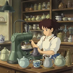 an automata working at a tea shop, anime film still from Studio Ghibli movie with art direction by Zdzisław Beksiński, wide lens