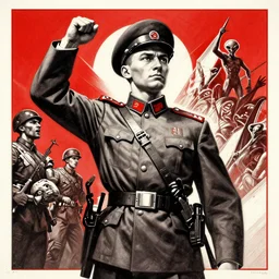1 9 3 6 soviet propaganda poster soldier portrait depicting the victory against the aliens, high detail, artstation, angular, red black and white, by artgerm and greg rutkowski and alphonse mucha