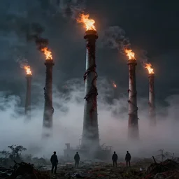 inks of turbine stacks of purulent evil surrounded by chemical fog, torchlit, by alberto bontempi, by francesco blanc 1 9 7 1, richard m powers landscape, wayne d barlowe, mike ploog, horror by enric torres, by jack gaughan, hyper realism, dark terror lighting, narrative lighting, cinematical