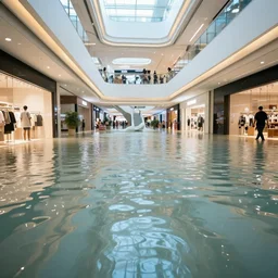 photo of inside a shopping mall the inside is flooded with over 2 0 meters depth of clear water, highly detailed.