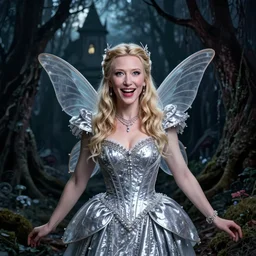 portrait of mischievous, playful Cate Blanchett's Galadriel as a queen of fairies, dressed in a beautiful silver dress. The background is a dark, creepy eastern europen forrest.  night, horroristic shadows, high contrasts, lumnious, theatrical, character concept art by ruan jia, thomas kinkade, and J.Dickenson, trending on Artstation