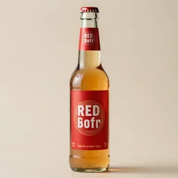 “red beer bottle filled with gold liquid, high quality product image”