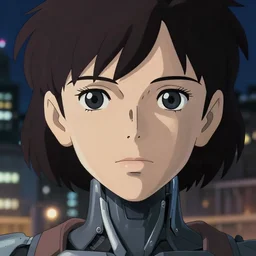a anime portrait of a cyborg woman, finely detailed features, closeup at the face, sharp focus, aesthetically pleasing art, perfect face, night time city background, cinematic lighting, highly detailed, intricate, smooth, anime, artstation, artgerm, trending on pixiv fanbox, painted by greg rutkowski, studio ghibli, yoji shinkawa, hayao miyazaki,