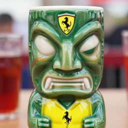 a closeup photorealistic photograph of a beautiful ferrari themed tiki mug at at an outdoor trader vic's bar featuring the young enzo ferrari's face. tiki party. bright scene. fine detail. this 4 k hd image is trending on artstation, featured on behance, well - rendered, extra crisp, features intricate detail, epic composition and the style of unreal engine.