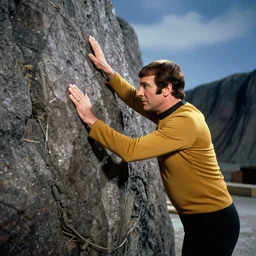 Captain Kirk awkwardly pressed against a rock, trying to make passionate love to the mountain, photo from the set of star trek 1970
