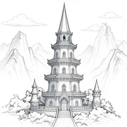 wizard tower surrounded by mountains, lineart colored