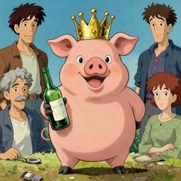 trippy comic art of a obese pig wearing a gold crown holding a bottle, drawn by Martin Rowson, Tim Burton, Studio Ghibli, Alex Pardee, Nekro Petros Afshar, James McDermott, colors by lisa frank, unstirred paint, vivid color, cgsociety 4K