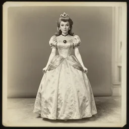 princess peach as a showgirl, portrait, full body, symmetrical features, silver iodide, 1 8 8 0 photograph, sepia tone, aged paper, sergio leone, master prime lenses, cinematic