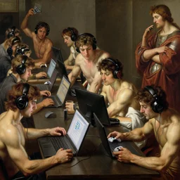 large group of pre-Raphaelite muscular athletic male gamers wearing headsets holding laptops playstation5 x-box and PC by Bouguereau and raphael