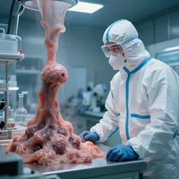 one single man in a hazmat suit in a high tech science lab watches helplessly as a blobby flesh creature grows out of control