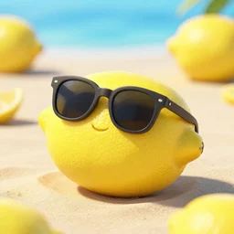 a lemon relaxing on a beach, wearing sunglasses, octane render, pixar, 100mm, full lemon on frame