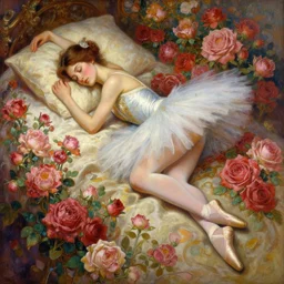 an intricate artistic pose painting of a beautiful young ballerina with an artistic pose sleeping in a bed of roses with painterly motives and textures, hyper detailed, sleeping beauty, octane render, vivid colors, artstation, by jeremy mann, by alphonse mucha, by boris vallejo
