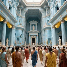 pov in a crowd of people with toga in ancient neoclassical buildings, light blue troglodyte temples with yellow drapery in a deep infinite pit by piranesi, cinestill 8 0 0 t 3 5 mm, high quality