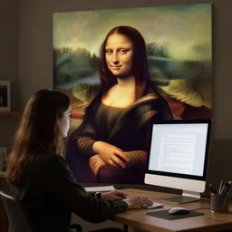 mona lisa at her desk working on a computer with a painting of mona lisa on the wall