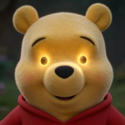 photograph of winnie the pooh with illuminated eyes, light coming out of his eyes