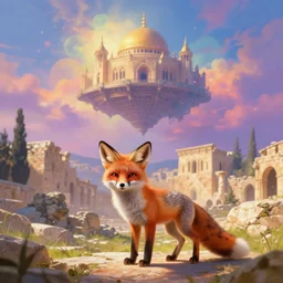 a beautiful small fox in the huge ruins of the second temple in jerusalem, dreamy sky, the third temple hovers quietly hiding in the sky above, very colorful painting 8 k trending on art station, intricate superb details, digital art, cinematic lighting, volumetric lighting, photographic, blur bokeh defocus dof sky by afremov, award winning masterpiece.