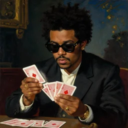 the weeknd wearing sunglasses and playing cards at night by giuseppe arcimboldo, brown skin, classical painting, digital painting, romantic, vivid color