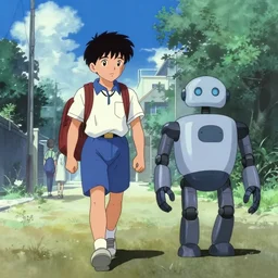 a boy and his robot friend walking to school, film still from japanese animated cyberpunk film Akira movie with art direction by Katsuhiro Otomo, wide lens