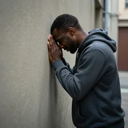 a ultra high resolution photo a black man, 4 0 years old, standing in a huddie. he is standing with his head pressed on the wall in a narrow alleyway. he is crying. right profile photo. the light is dim, and the colours are muted.