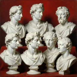 6 white exquisite ancient male busts leaning against each other, oil paint, classic art, 1 6 century style, volume light, in the style of beksinski, parts by edward hopper, parts by rodcenko, parts by yue minjun, diego velazquez, intricate and epic composition, red by caravaggio, insanely quality