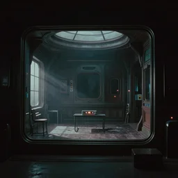 cassette futurism, cosmic psychedelic horror, lonely interior rooms, liminal space, ultra detailed sci - fi interior, bleak future, ultra high detail render, harsh lighting, atmospheric haze, film. illustration by edward hopper, norman rockwell. film still, 1 6 mm cinematography