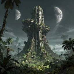 epic concept art, matte painting by weta digital, towering abandoned alien superstructure, jungle exoplanet with two moons, george lucas, mohrbacher, cgisociety