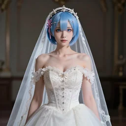 Hyperrealistic beautiful portrait of Rem from ReZERO, bride dress, Fashion photography, 8k, Octane Render, cinematic lighting