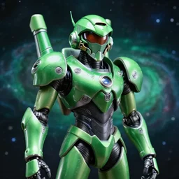 green galaxy cosmic space - opera diorama bg. helmet portrait of a figurine of samus aran's chozo varia power suit from the sci - fi nintendo videogame metroid. designed by hiroji kiyotake, gene kohler and rodney brunet. metroid zero mission. metroid prime. glossy. masterpiece. intricate cybertronics. shallow depth of field. suit of armor.