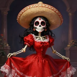 cute & beautiful smiling mexican undead skeleton girl wearing a sombrero and a wide red dress, digital art, fantasy, painting, pin up, highly detailed, art by artgerm