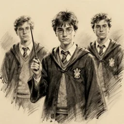 film scene, charcoal sketch of teenage charlie day, wearing hogwarts uniform, holding wand, casey baugh, louis smith, jeff haines