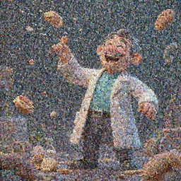 a mad scientist laughing happily at the rain of food he managed to create , concept art, trending on artstation 3D.
