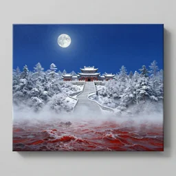 a gorgeous landscape painting by barlowe wayne maxfield parrish and marco mazzoni. drak blue night sky. just one winter moon!! snow. chinese temple the winding steps. ultra clear detailed. 3 d, octane render. turbulent blood lake. fog